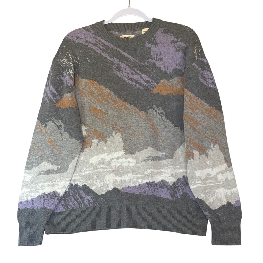 Levis Mens Mountain Landscape Cotton Cashmere Blend Crewneck Sweater Grey M